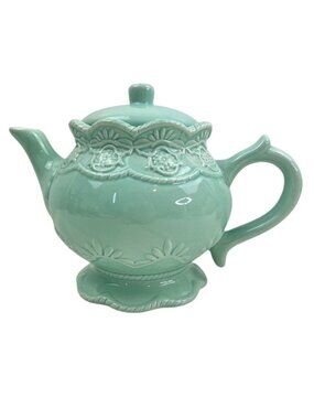 2004 Embossed Teapot With Lid Turquoise Ceramic Floral "A Special Place" Cottage